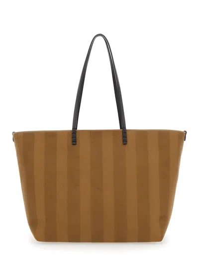 FENDI FENDI WOMEN 'ROLL LARGE' BEIGE REVERSIBLE TOTE BAG IN STRIPED CHENILLE WOMAN