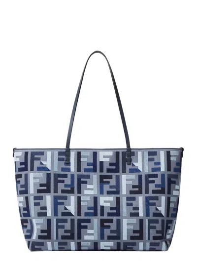 FENDI FENDI WOMEN 'ROLL LARGE' BLUE SHOPPER WITH ALL-OVER FF MOTIF AND DOUBLE TOP HANDLES IN COTTON BLEND 
