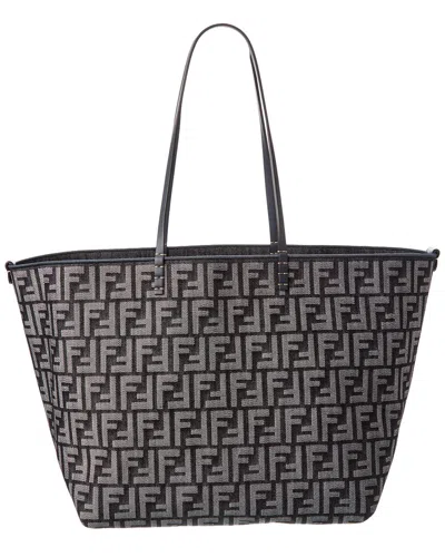 Fendi Roll Large Ff Denim & Leather Tote In Gray
