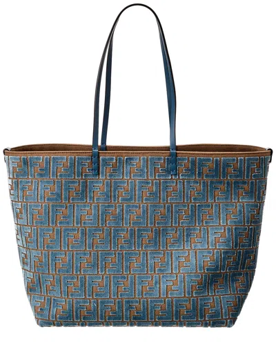 Fendi Roll Large Ff Jacquard Velvet & Leather Tote In Blue