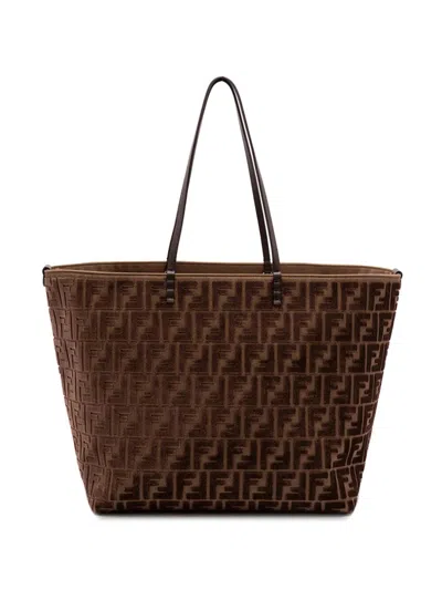 Fendi Roll Large Shopper Bag In Ff Jacquard Velvet In Brown