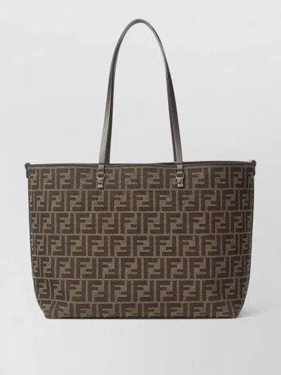 Fendi Roll Medium Shopper In Ff Jacquard And Pequin Striped Fabric In Brown