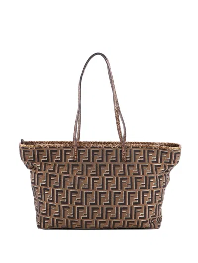Pre-owned Fendi Roll Metallic Zucca Canvas Large Tote Bag In Brown