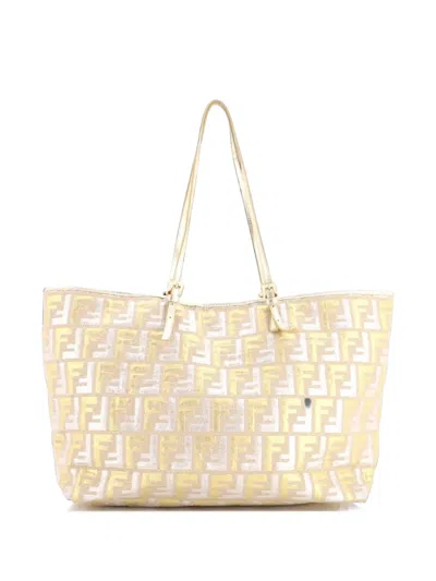Pre-owned Fendi Roll Metallic Zucca Canvas Large Tote Bag In Gold