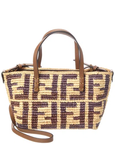 Fendi Roll Mini Ff Raffia & Leather Tote In Brown
