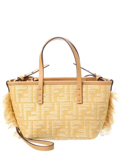 Fendi Roll Mini Ff Raffia & Leather Tote In Yellow