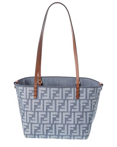 Fendi Roll Small Ff Denim & Leather Tote In Blue
