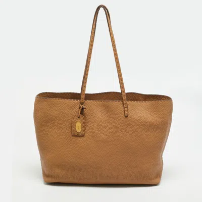 Pre-owned Fendi Roll Tan Selleria Leather Shopper Tote In Brown