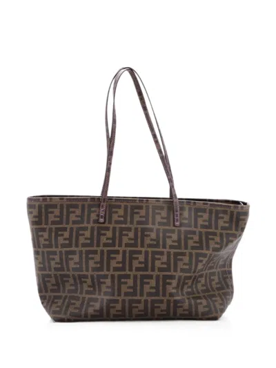 Pre-owned Fendi Roll Zucca Coated Canvas Medium Tote Bag In Brown