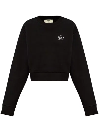 Fendi Logo Printed Crewneck Sweatshirt In Black