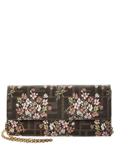 Fendi Roma Ff Jacquard & Leather Wallet On Chain In Brown