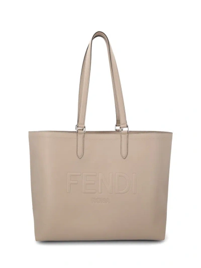 Fendi Roma Logo Embossed Shopper Bag In Beige