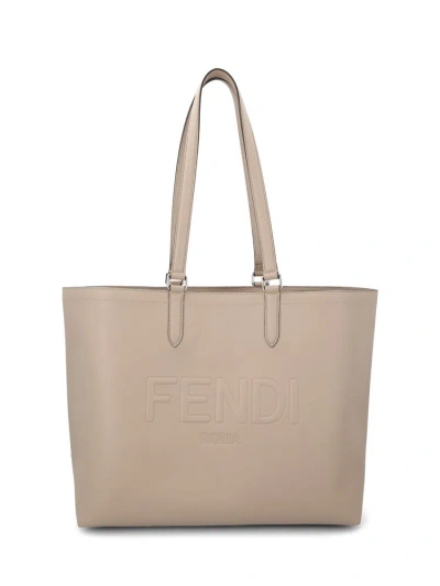 Fendi Roma Leather Shopper In Beige