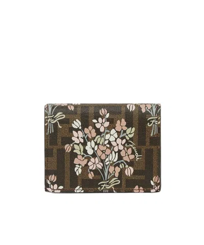 Fendi Flower Bouquet Ff Fabric Medium Tri-fold Wallet Accessories In Green