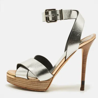 Pre-owned Fendi Roman Size 36.5 Silver Leather Crisscrss Ankle Strap Sandals
