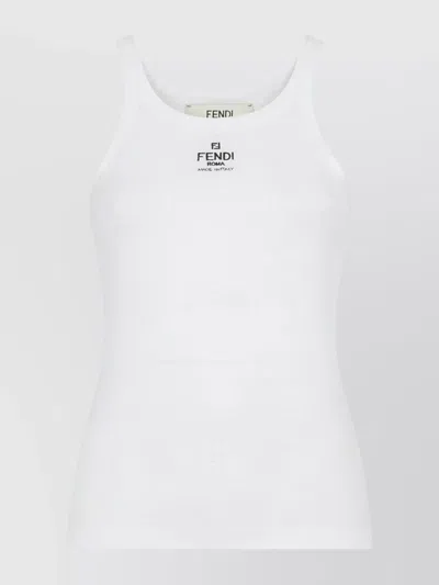 Fendi Women White Ribbed Tank Top With Contrasting Logo Embroidery In Stretch Cotton Woman