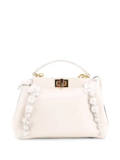 Pre-owned Fendi Rosebud Peekaboo Iconic Bag Leather With Applique Mini Satchel In White