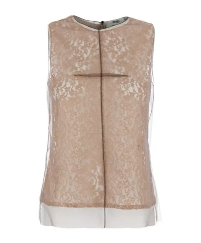 Fendi Round Collar Sleeveless Lace Vest In Nude