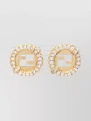 Fendi Ever Round Stud Earrings With White Crystal Bezels Accessories In Gold