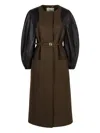 Fendi Women Green Crewneck Coat With Puffed Leather Sleeves And Belt With Ff Plaque In Wool And Visc In Green