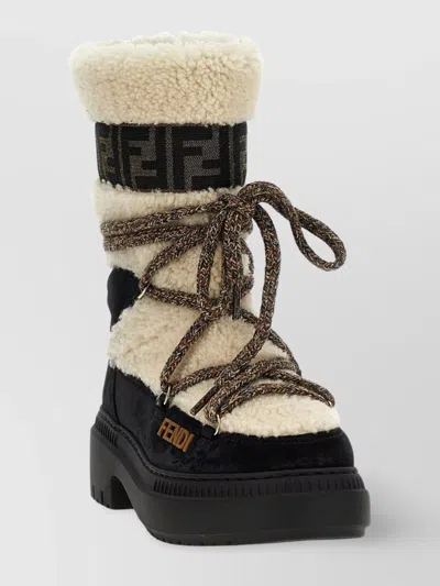 Fendi Round Toe Shearling Trim Rubber Sole Boots In Black