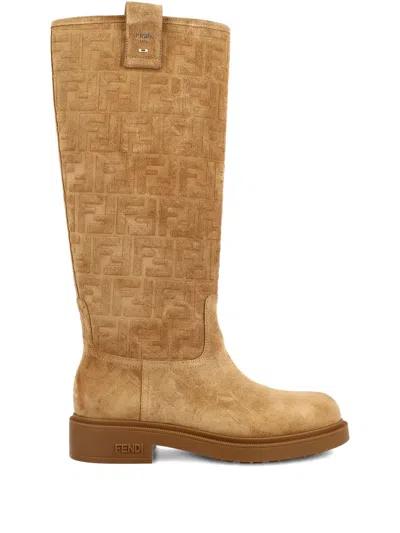 Fendi Round-toe Tube Boot With Embossed Motif And Metal Accents - 35mm Heel Height In Brown