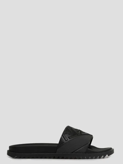 Fendi Rubber Slides With High Strap And Embossed Ff Motif Shoes In Black
