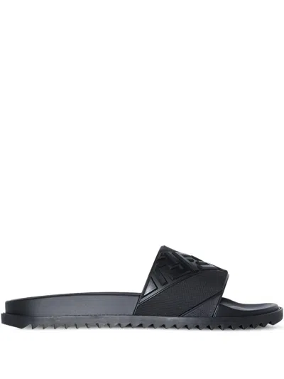 Fendi Rubber Slides With High Strap And Embossed Ff Motif Shoes In Black