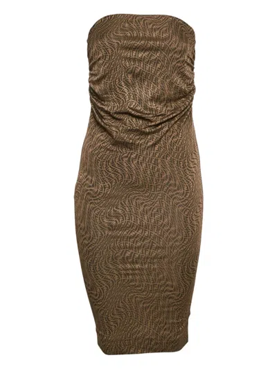 Pre-owned Fendi Ruched Monogram Dress In Brown