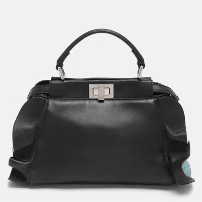 Pre-owned Fendi Ruffle Peekaboo Mini Black Leather Top Handle Bag