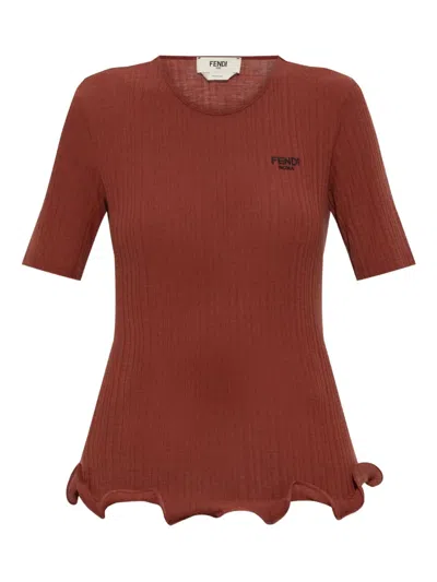 Fendi Short-sleeved Wool Sweater With Logo In Brown
