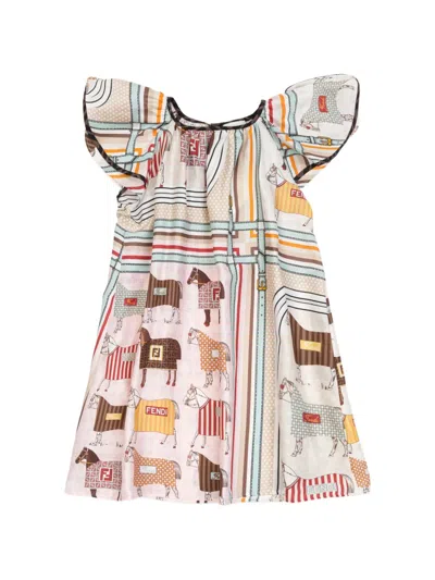 Fendi Kids' Ruffled Horse-print Dress In Neutral