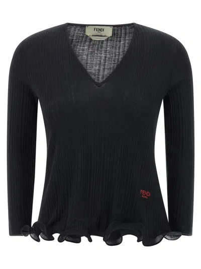 FENDI RUFFLED SWEATER SWEATERS AND CARDIGANS BLACK