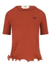Fendi Logo Embroidered Ruffled-hem Ribbed Top In Brown