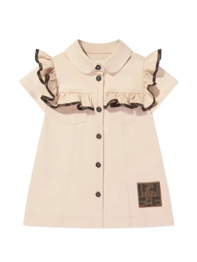 Fendi Babies' Ruffled-trim Logo-patch Dress In Neutral