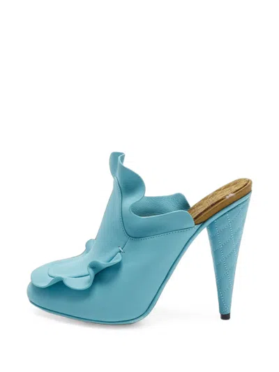 Pre-owned Fendi Ruffle-trim Leather Heeled Mules In Blue
