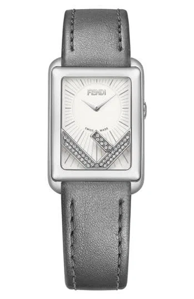 Fendi Run Away Diamond Pavé Swiss Quartz Leather Strap Watch, 22.5mm X 32mm In Grey/stainless Steel