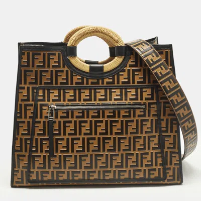 Pre-owned Fendi Runaway Large Black/brown Zucca Leather And Raffia Shopper Tote