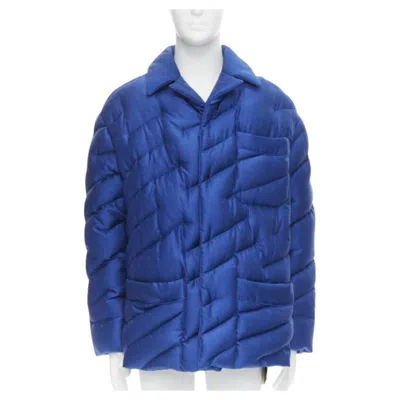 Pre-owned Fendi Runway  2021 Runway 100% Silk Blue Logo Goose Down Puffer Jacket It48 M