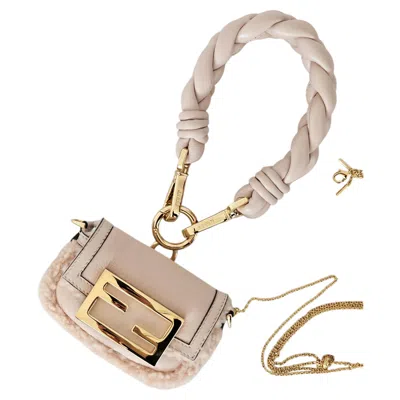 Pre-owned Fendi Runway  Powder Pink Shearling Nano Baguette Charm Bag Braided Maxi Handle