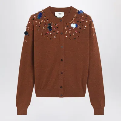 Fendi Rust Ff Cashmere And Wool Cardigan In Brown