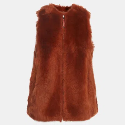 Pre-owned Fendi Rust Shearling Leather Reversible Zip-up Vest S In Red