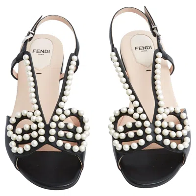 Pre-owned Fendi Sandales Perles Fr38 Black Leather Fancy Pearls Flat Sandals Uk5 Us7.5 New