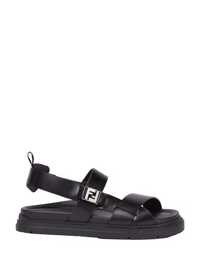 Fendi Ff Leather Sandals In Black