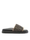 Fendi Brown Ff Jacquard And Beige Leather Slides In Beige