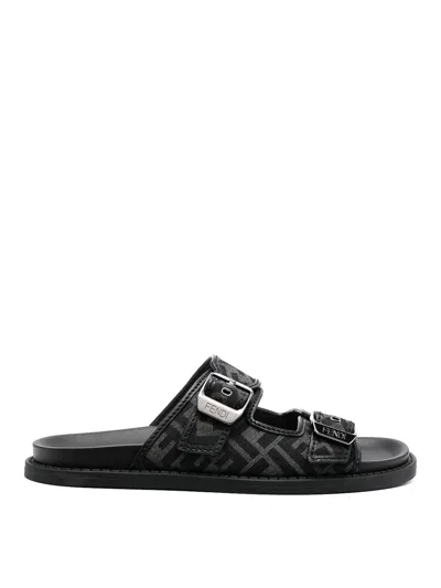 Fendi Feel Ff Jacquard Sandals In Gray Black+black