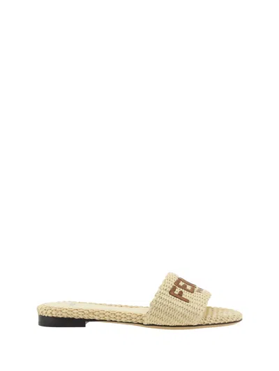 Fendi Natural Raffia Slides In Beige