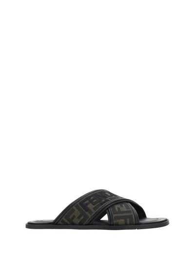Fendi Double Crossed Band Logo Slides With Jacquard Ff Design In Black