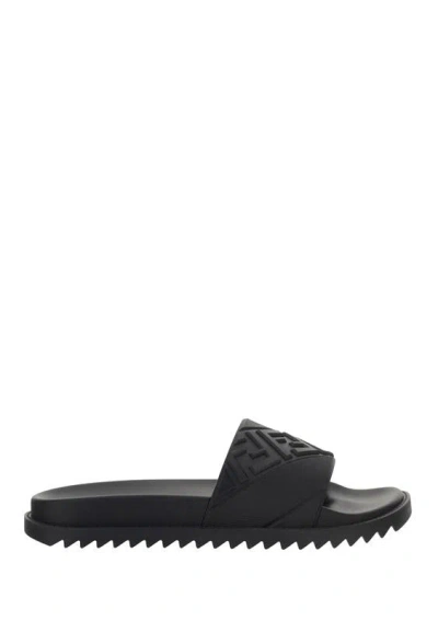Fendi Rubber Slides With High Strap And Embossed Ff Motif Shoes In Black