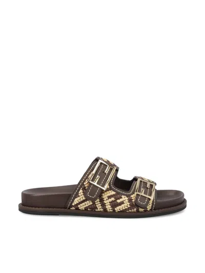 Fendi Slide Sandals With Patterned Woven Upper In Brown